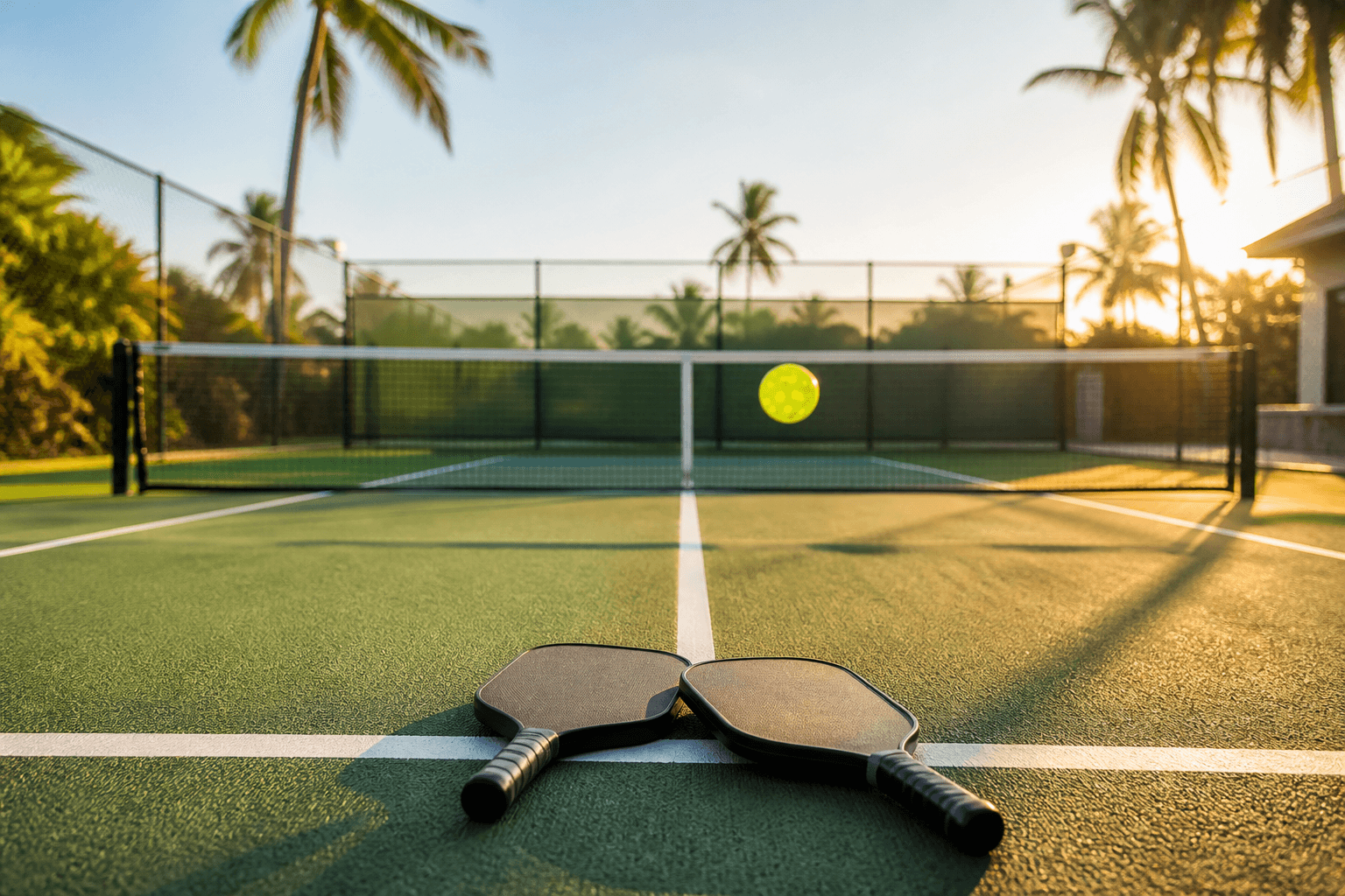 Outdoor pickleball court at golden hour with paddles and a ball near the net
